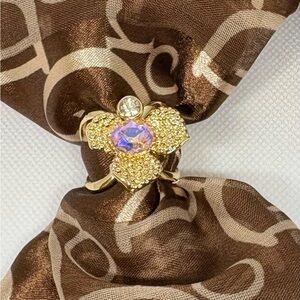 Gold Tone Aurora Borealis Crystal Flower Scarf Slide Ring Brooch